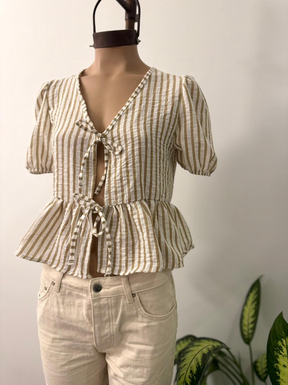 Blusa volado dos tiritas Lino rayado Napoli