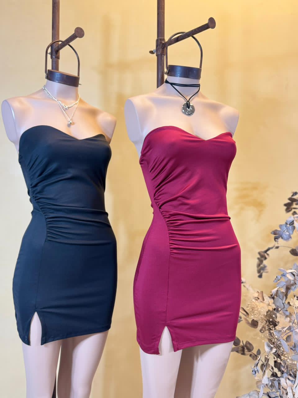 Vestido escote Corazon y fruncido diagonal Microfibra