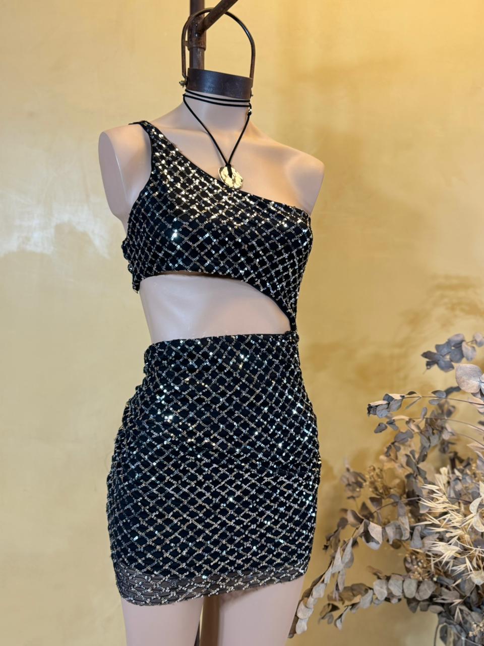 Vestido un hombro cintura escotada Lentejuela Mesh