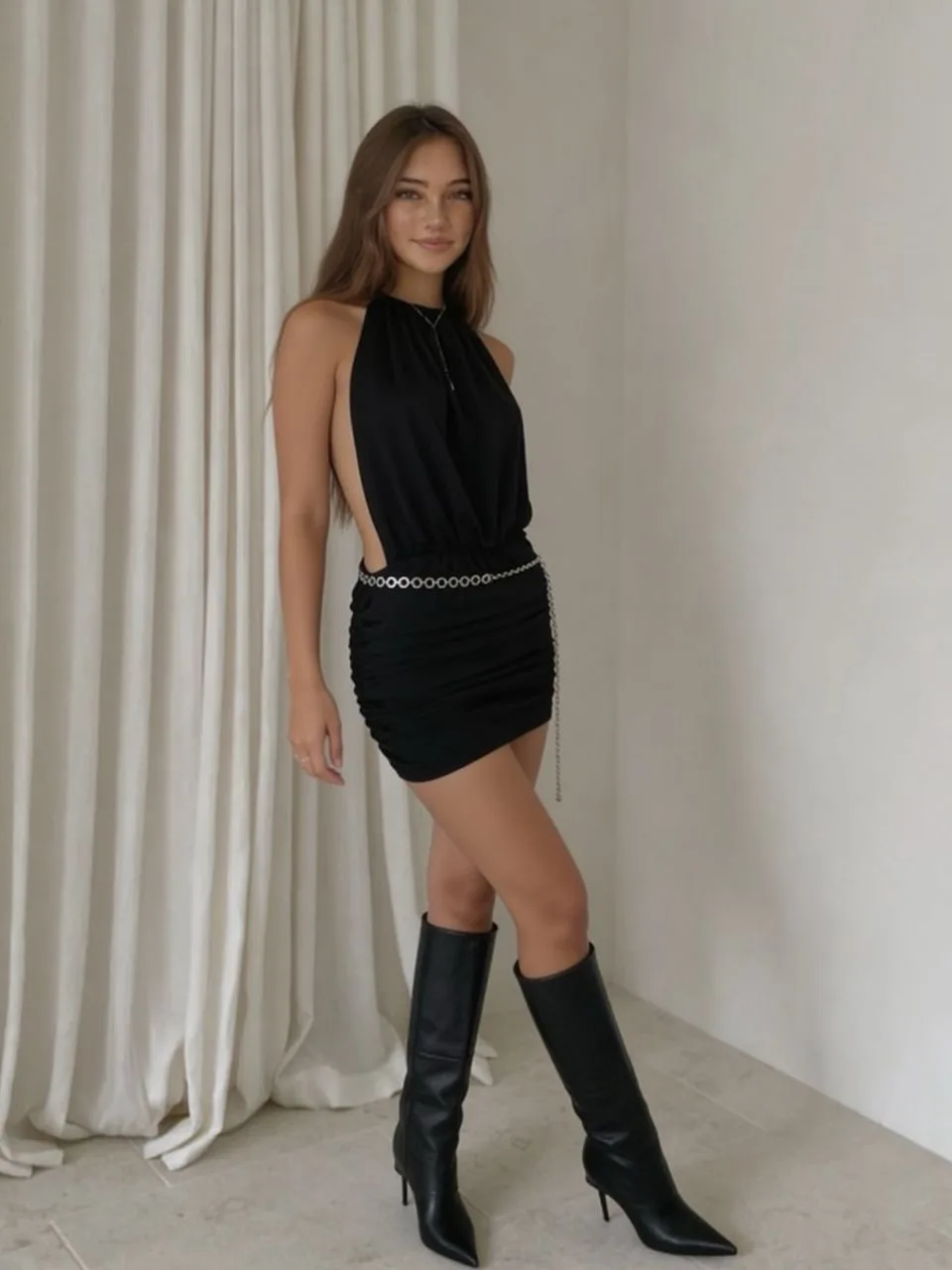 Vestido Halter fruncido Microfibra