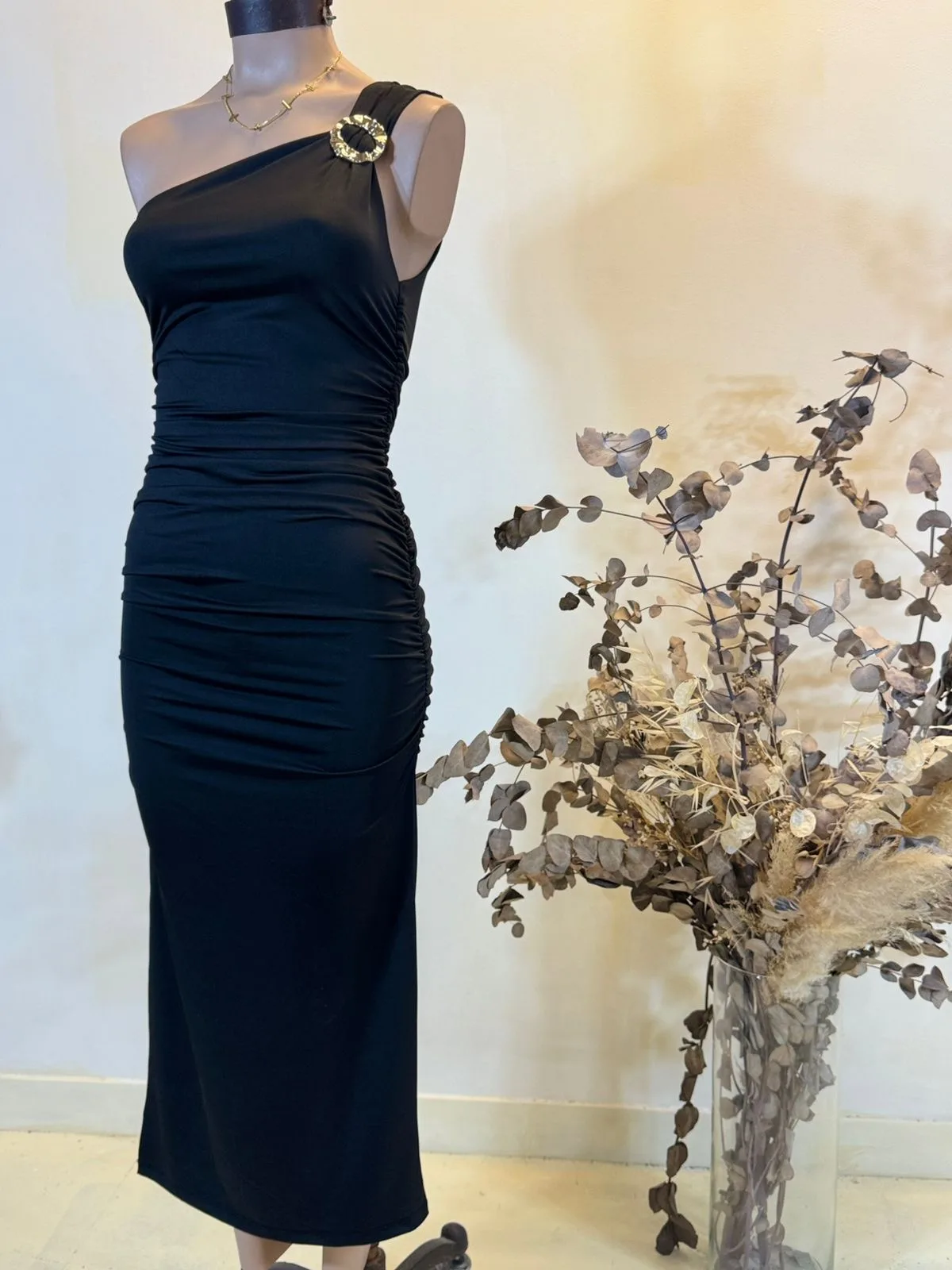 Maxivestido fruncido un hombro LUNA Microfibra