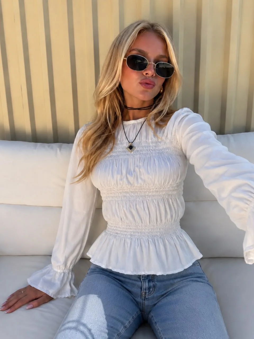Blusa M/L voladito fruncida “BRUNA” Poplin