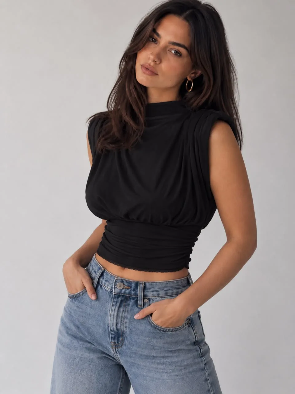 Top cintura ancha drapeada con puntilla Morley