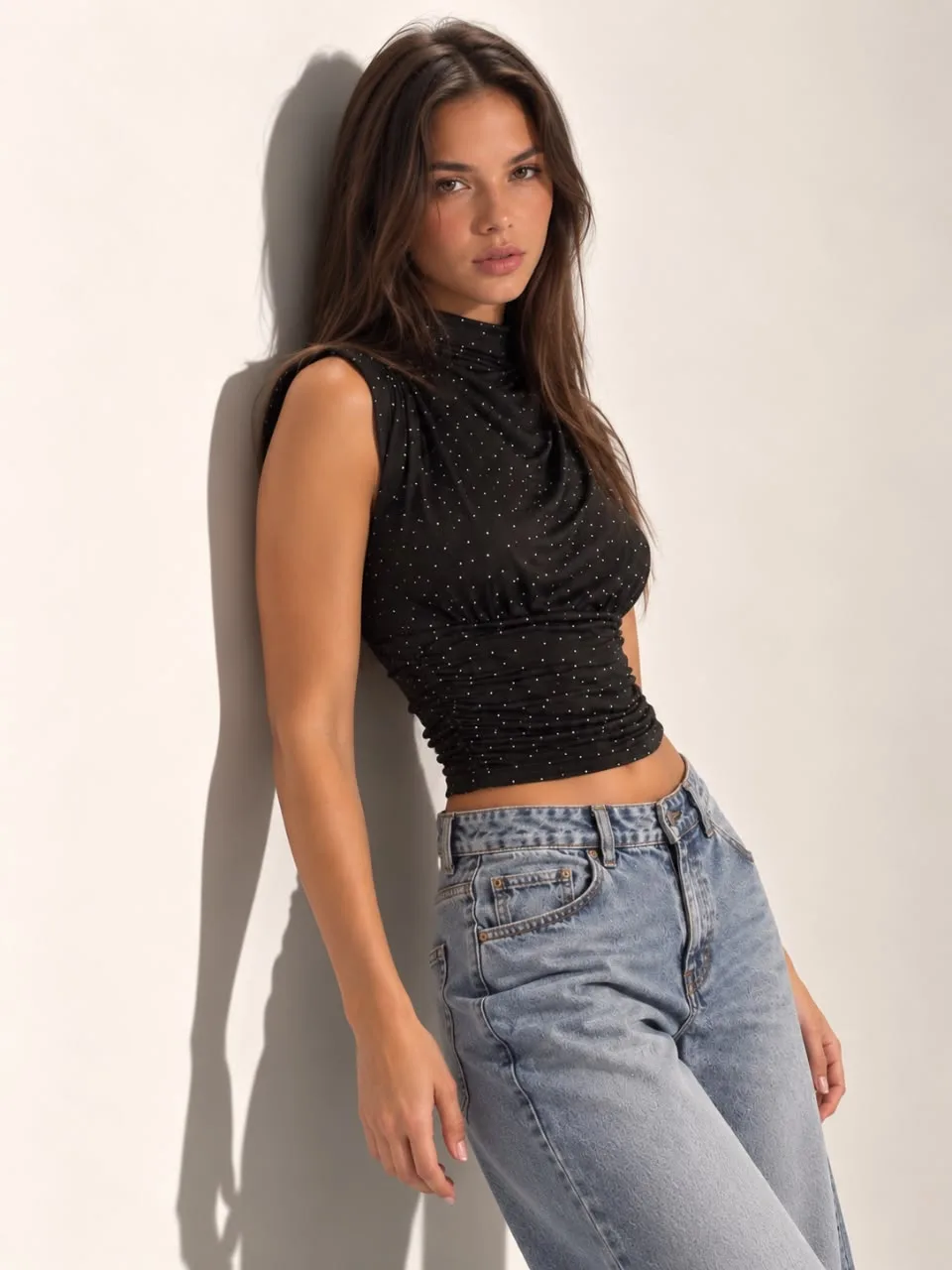 Top cintura ancha drapeada Micro strass